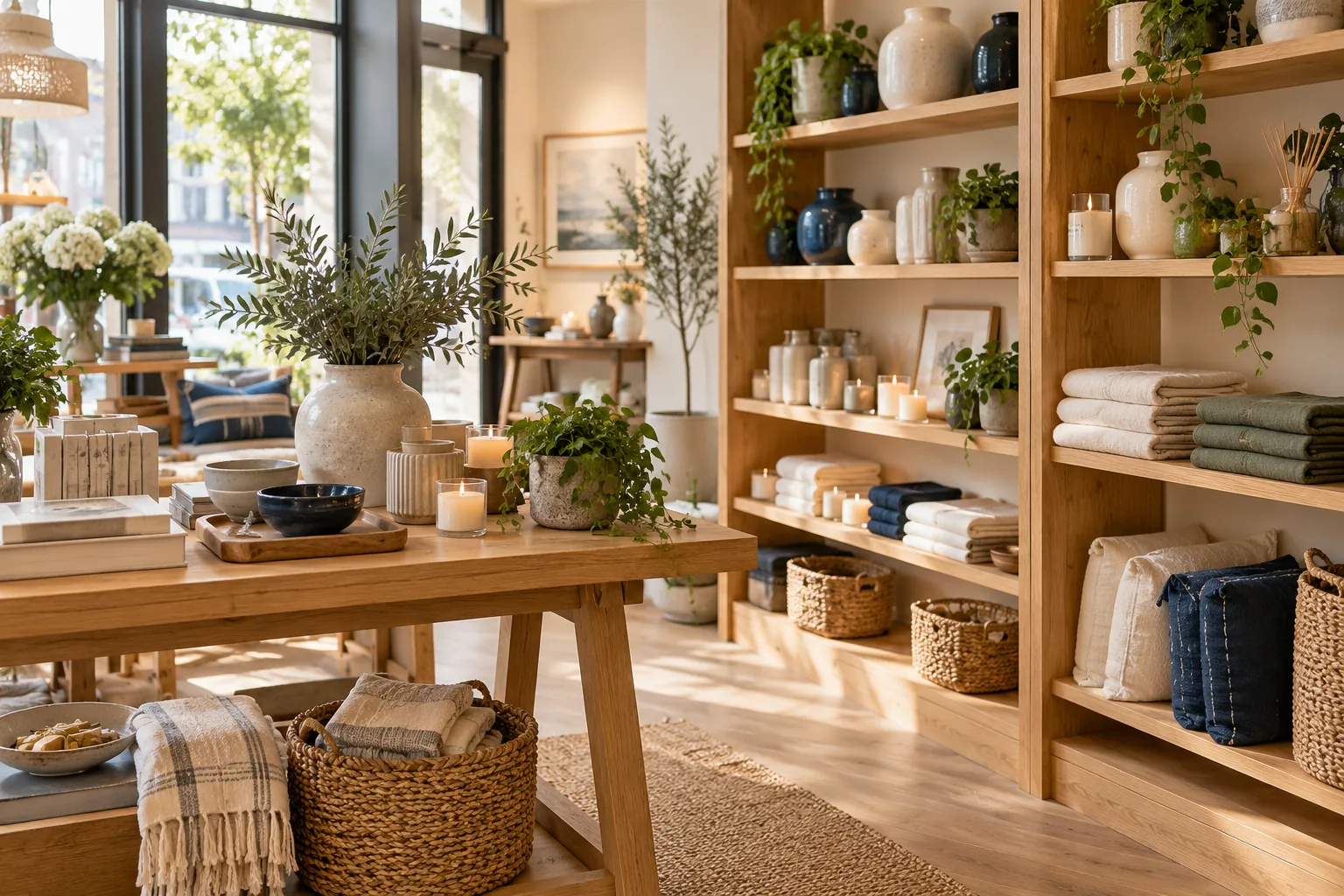 Illustrative homewares boutique with oak shelves, ceramics, linens and greenery.