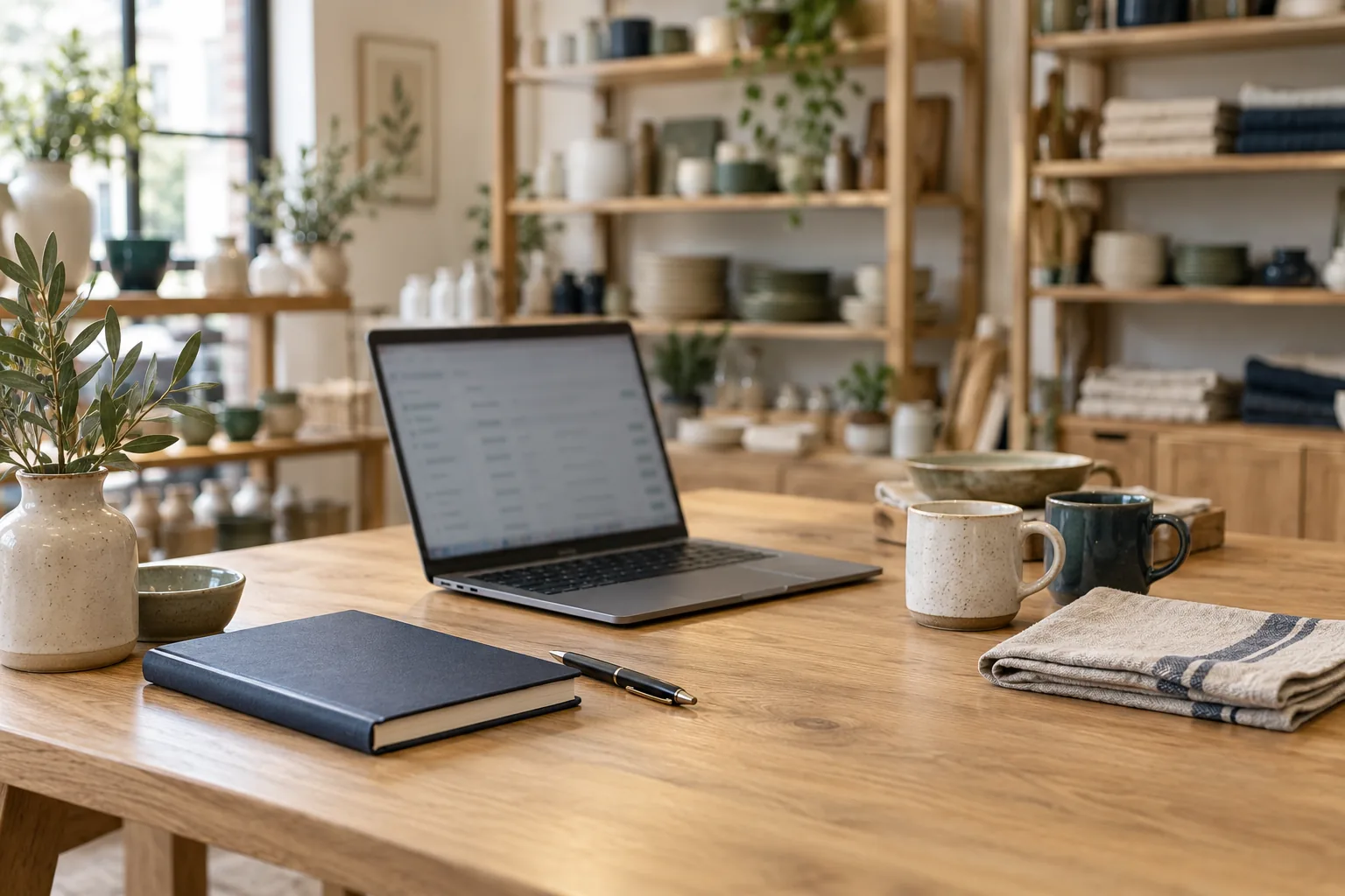 Illustrative retail workspace with a laptop, notebook and homewares on an oak table.